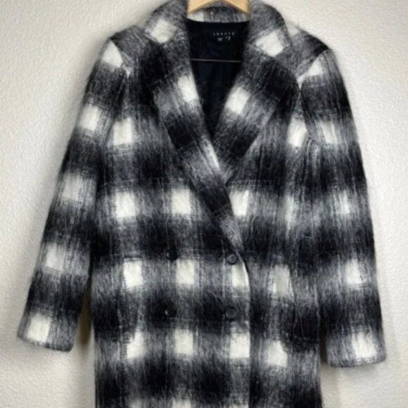 Theory Shaggy Pea Coat Cafe Lithe Wool Blend Black/White Check - Picture 1 of 5